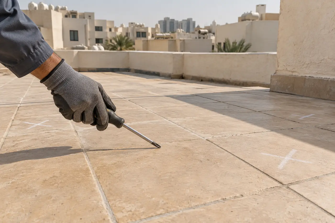 يد تطرق بلاط سطح بمقبض مفك للكشف عن البلاط المطبل