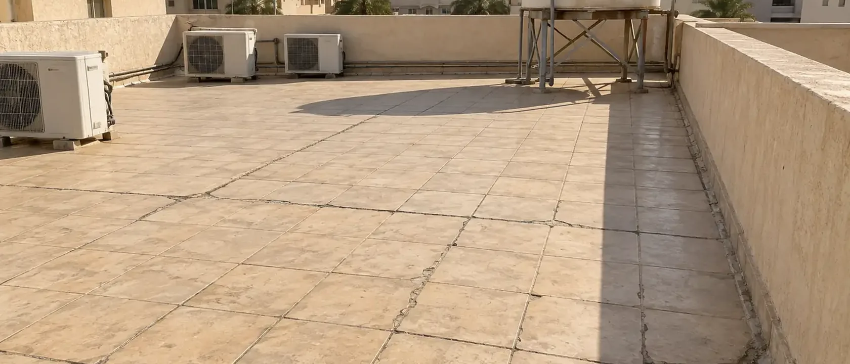 سطح فيلا مبلط بفواصل داكنة ومكيفات عند الدروة، من الأعمال التي تعرضها على شركة عزل بالرياض