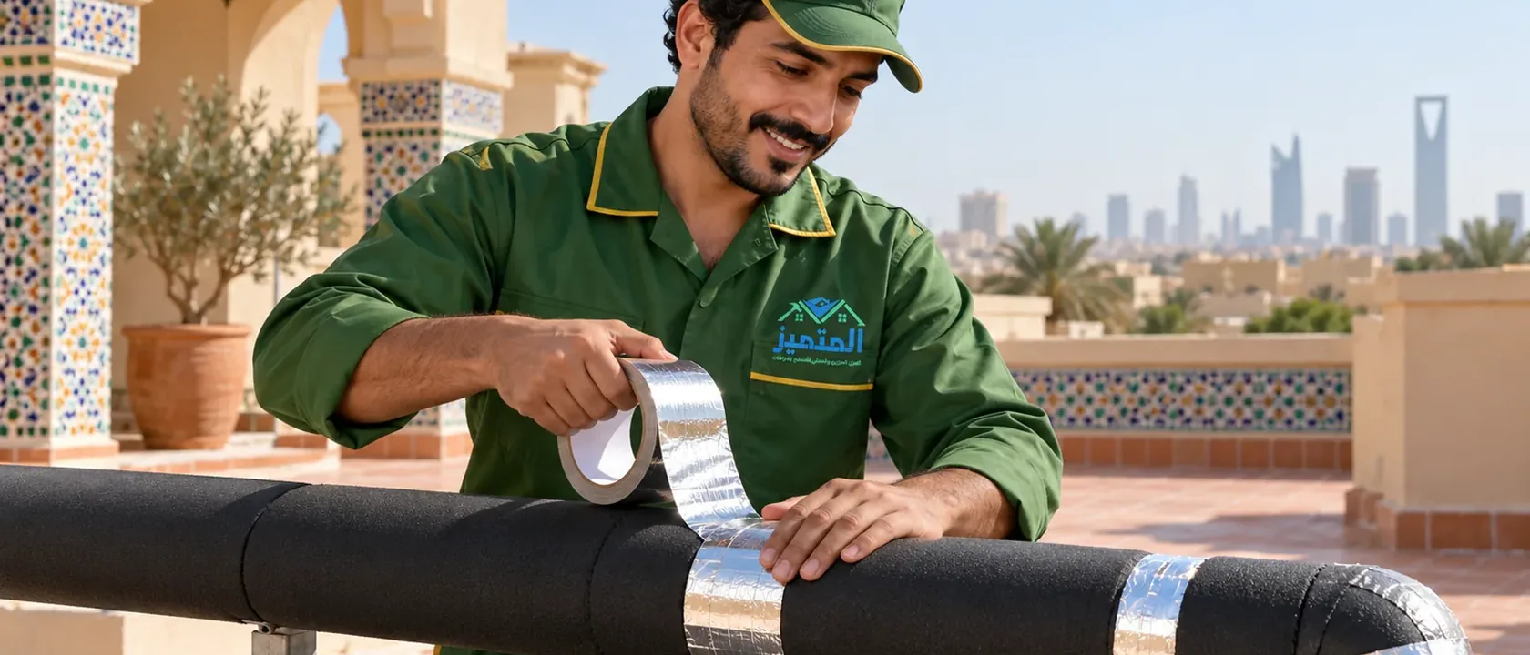 شركات العزل تعزل المواسير أيضًا: فني بملابس عمل خضراء يلف ماسورة بعازل أسود وشريط ألمنيوم