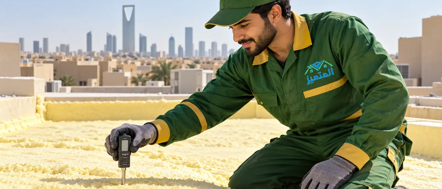 عزل فوم بالرياض: فني بملابس عمل خضراء يغرس مقياس السماكة في فوم أصفر مرشوش حديثًا
