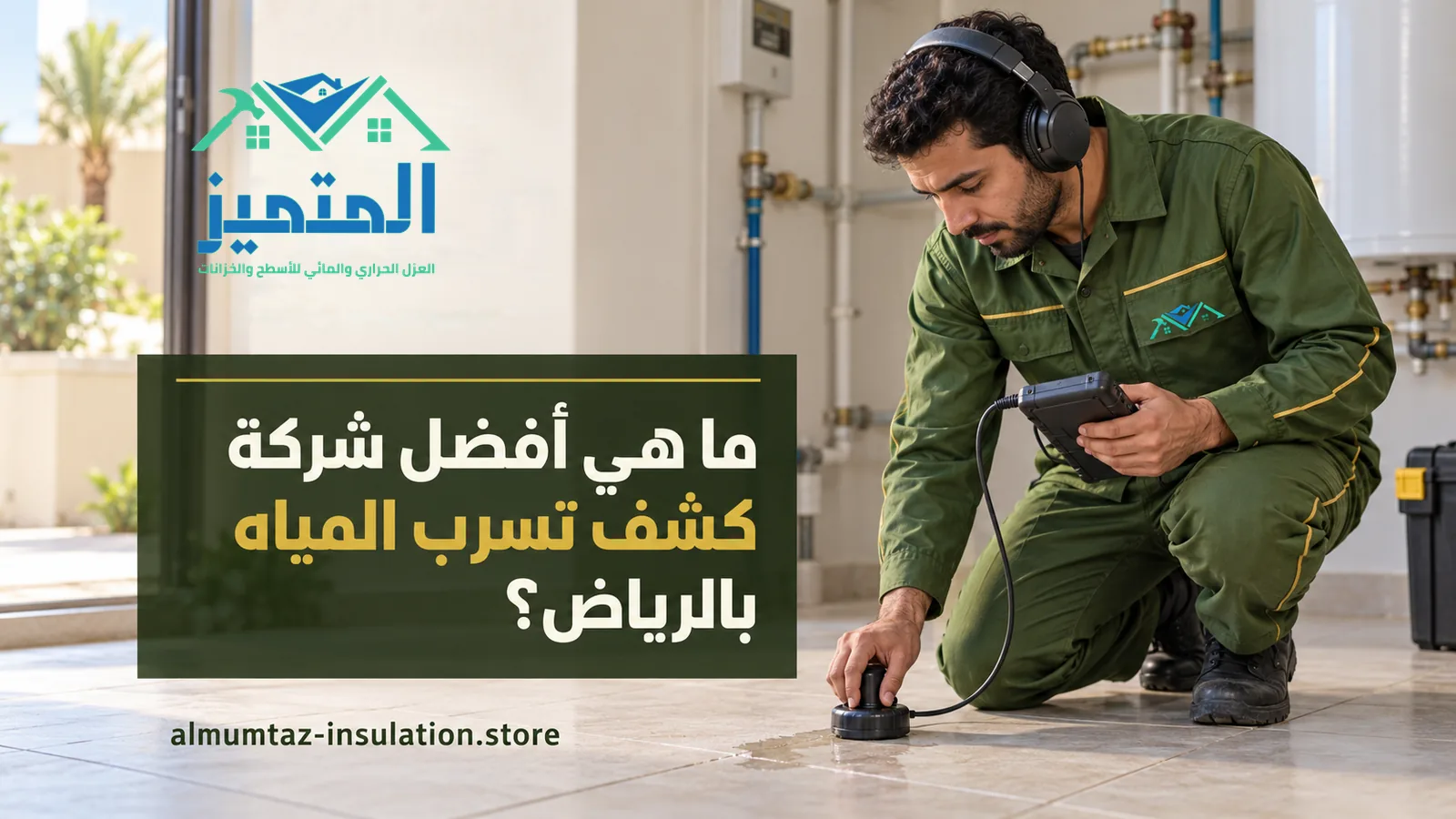 أفضل شركة كشف تسرب المياه بالرياض: فني بسماعات يمرر جهاز استماع على أرضية قرب التمديدات