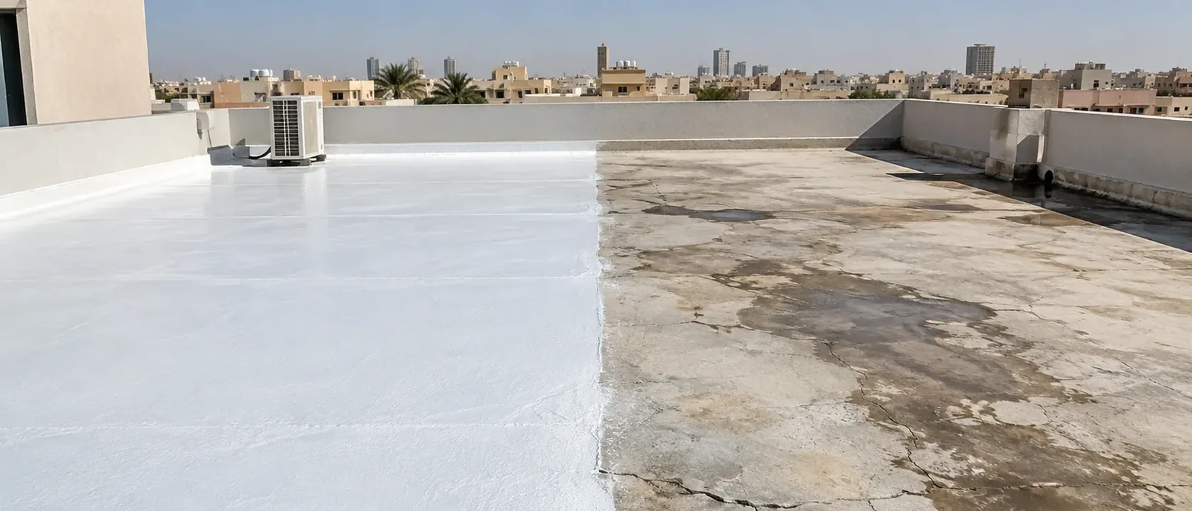 سطح نصفه أسمنت مشقق ومبقع بالرطوبة ونصفه مطلي بعازل أبيض، فالترميم قبل العزل يرفع سعر عزل الخزان أيضًا