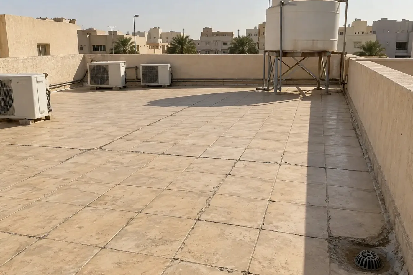عزل اسطح فوق البلاط لسطح فيلا قديم: بلاط بيج وفواصل داكنة متشققة وصفاية في الزاوية