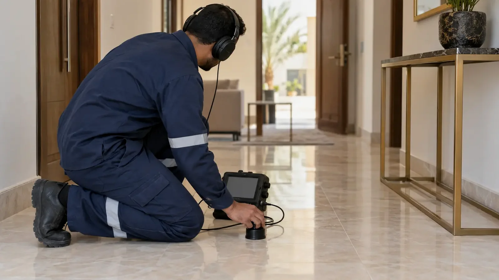 كشف تسربات المياه بجهاز الاستماع: فني راكع بسماعات يتتبع صوت التسرب تحت بلاط الممر